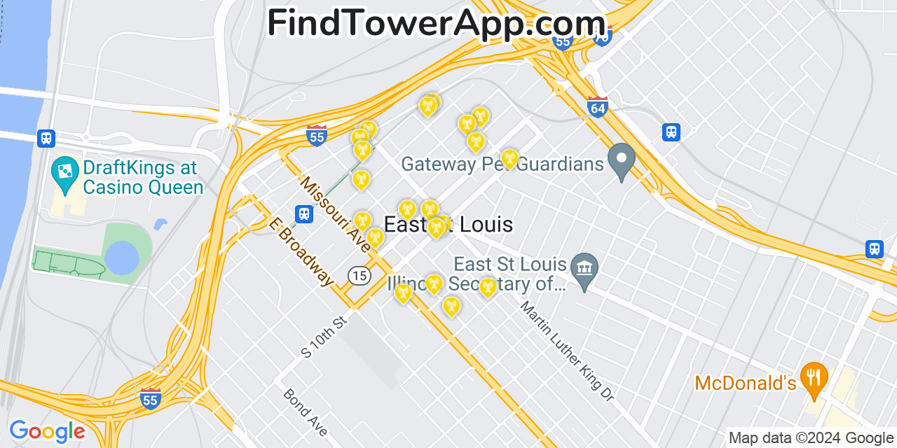 Verizon 4G/5G cell tower coverage map East Saint Louis, Illinois