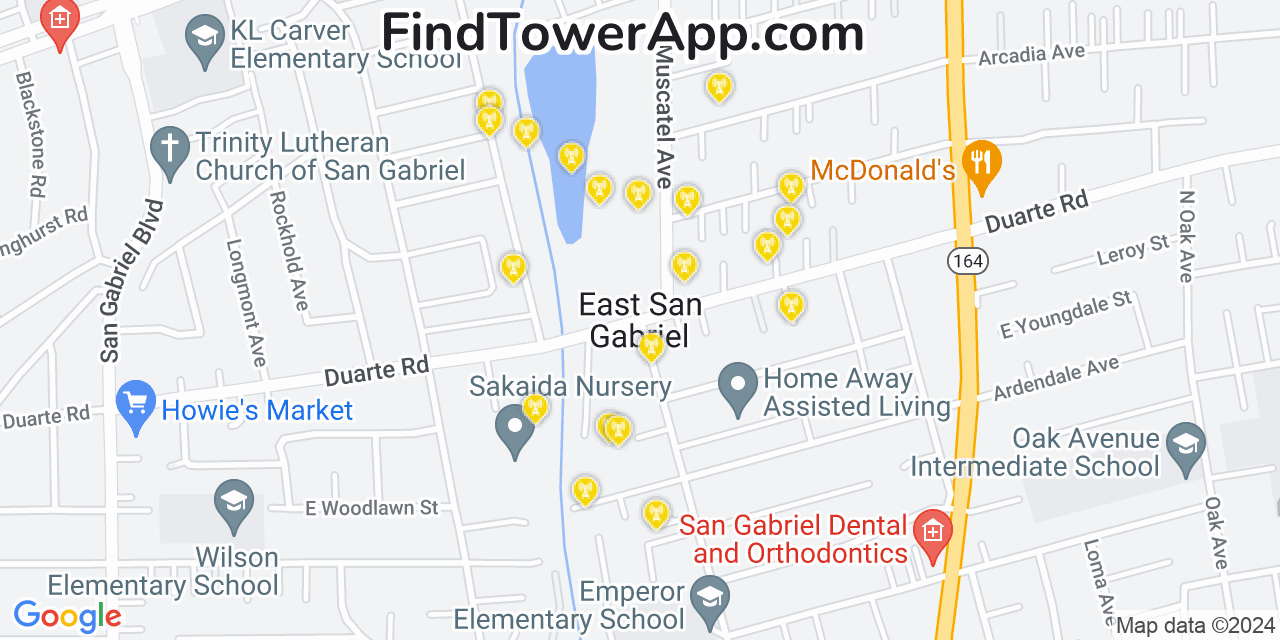 AT&T 4G/5G cell tower coverage map East San Gabriel, California