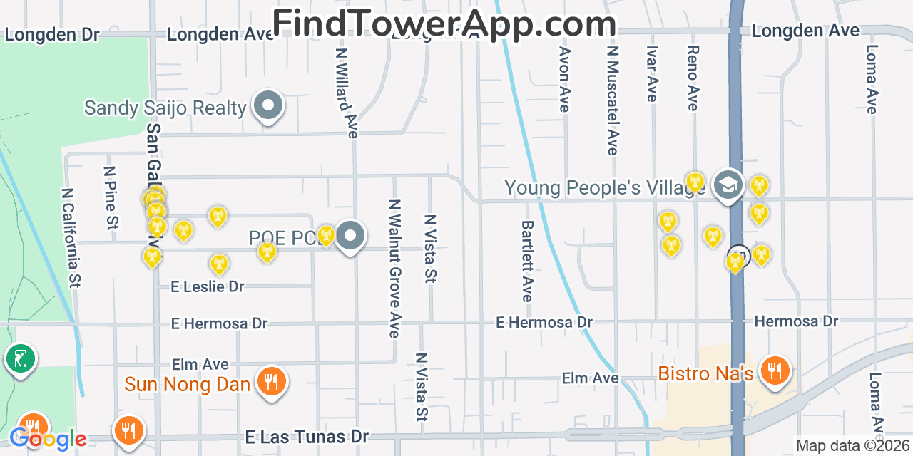 Map showing the 20 primary cell tower locations detected in East San Gabriel, California from AT&T, Verizon, and T-Mobile networks