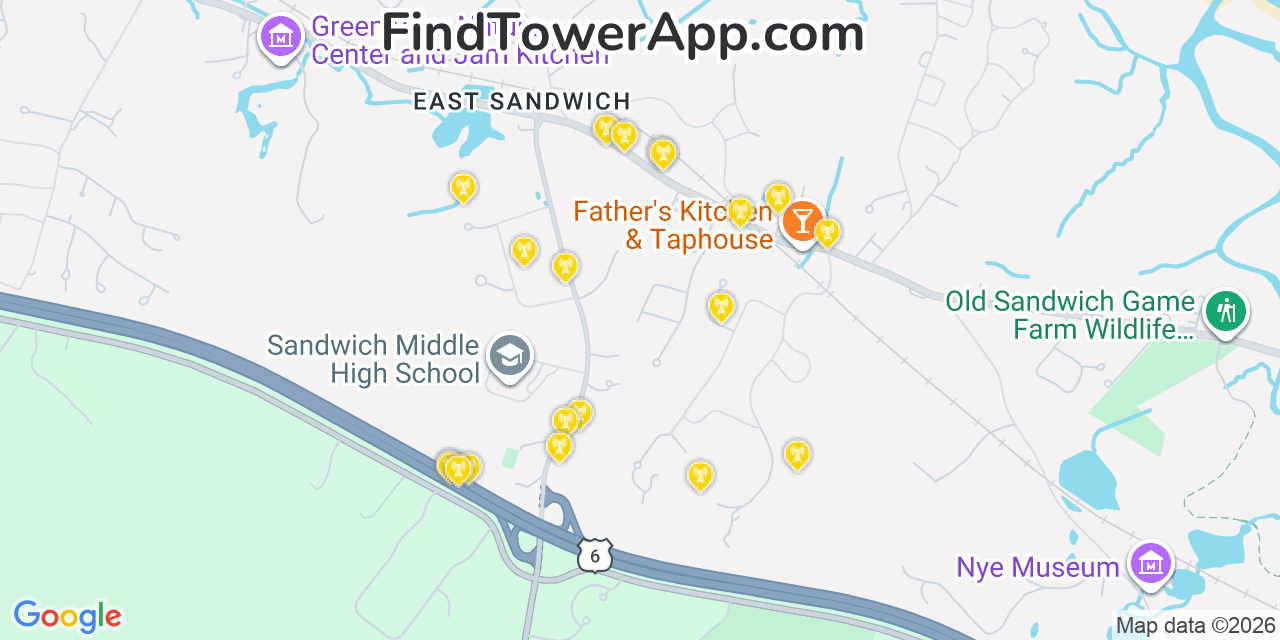 Map showing the 20 primary cell tower locations detected in East Sandwich, Massachusetts from AT&T, Verizon, and T-Mobile networks