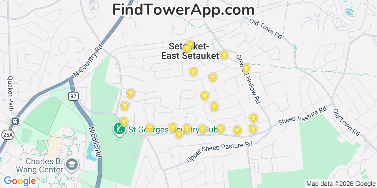 Map showing the 20 primary cell tower locations detected in East Setauket, New York from AT&T, Verizon, and T-Mobile networks