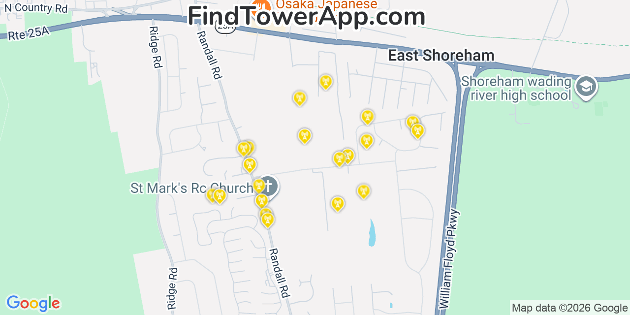 Map showing the 20 primary cell tower locations detected in East Shoreham, New York from AT&T, Verizon, and T-Mobile networks