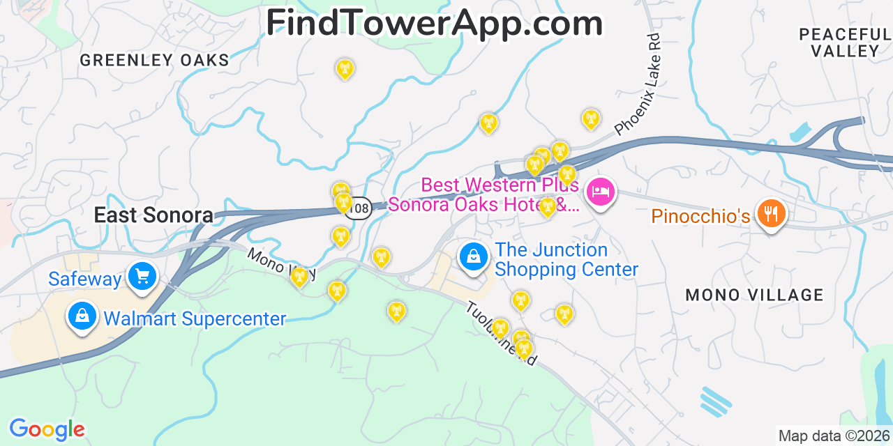 Map showing the 20 primary cell tower locations detected in East Sonora, California from AT&T, Verizon, and T-Mobile networks