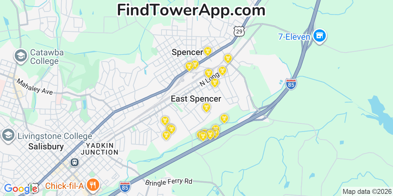 Map showing the 20 primary cell tower locations detected in East Spencer, North Carolina from AT&T, Verizon, and T-Mobile networks