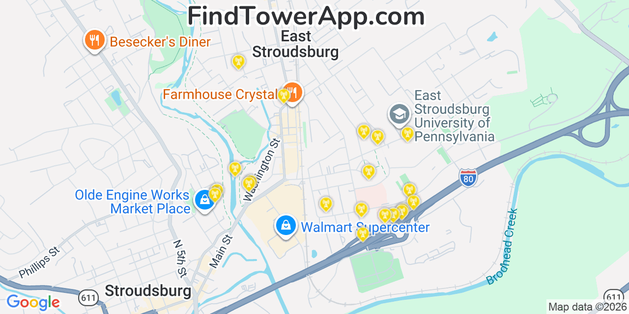 Map showing the 20 primary cell tower locations detected in East Stroudsburg, Pennsylvania from AT&T, Verizon, and T-Mobile networks