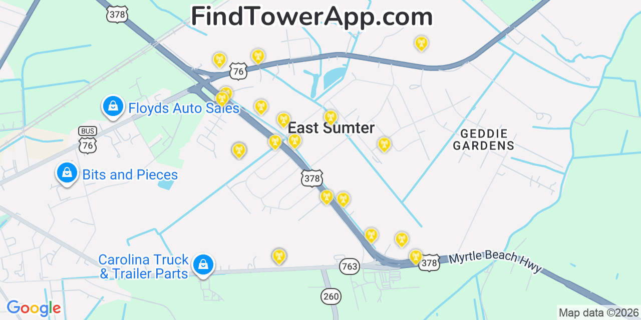 Map showing the 20 primary cell tower locations detected in East Sumter, South Carolina from AT&T, Verizon, and T-Mobile networks