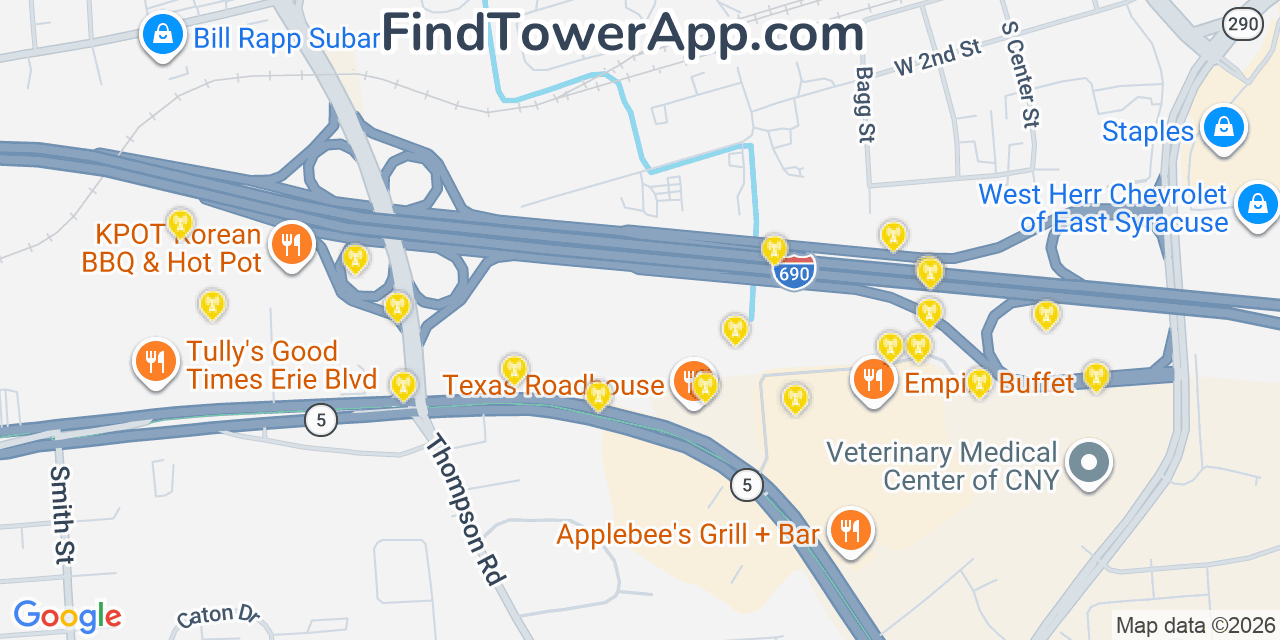 Map showing the 20 primary cell tower locations detected in East Syracuse, New York from AT&T, Verizon, and T-Mobile networks