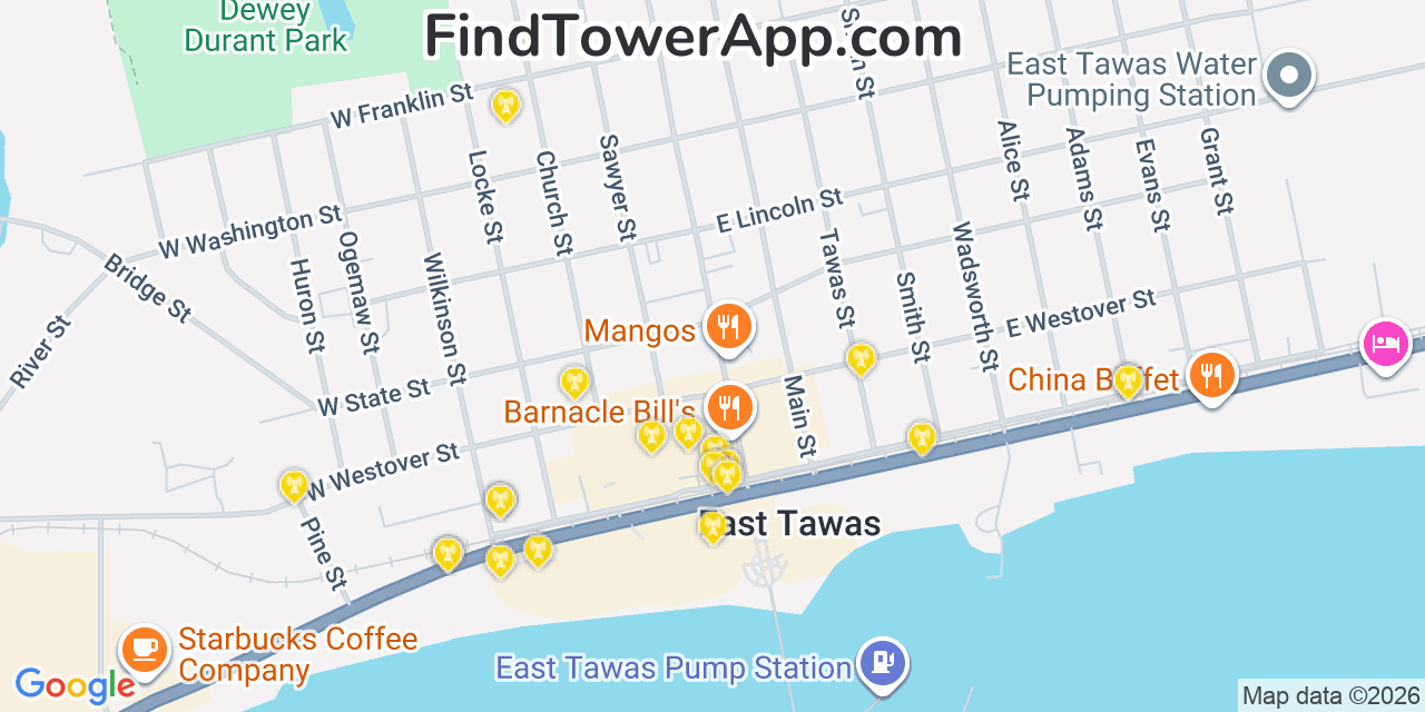 Map showing the 20 primary cell tower locations detected in East Tawas, Michigan from AT&T, Verizon, and T-Mobile networks