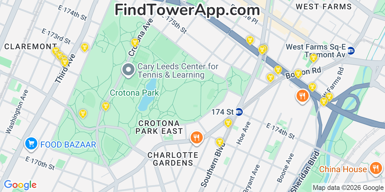 Map showing the 20 primary cell tower locations detected in East Tremont, New York from AT&T, Verizon, and T-Mobile networks