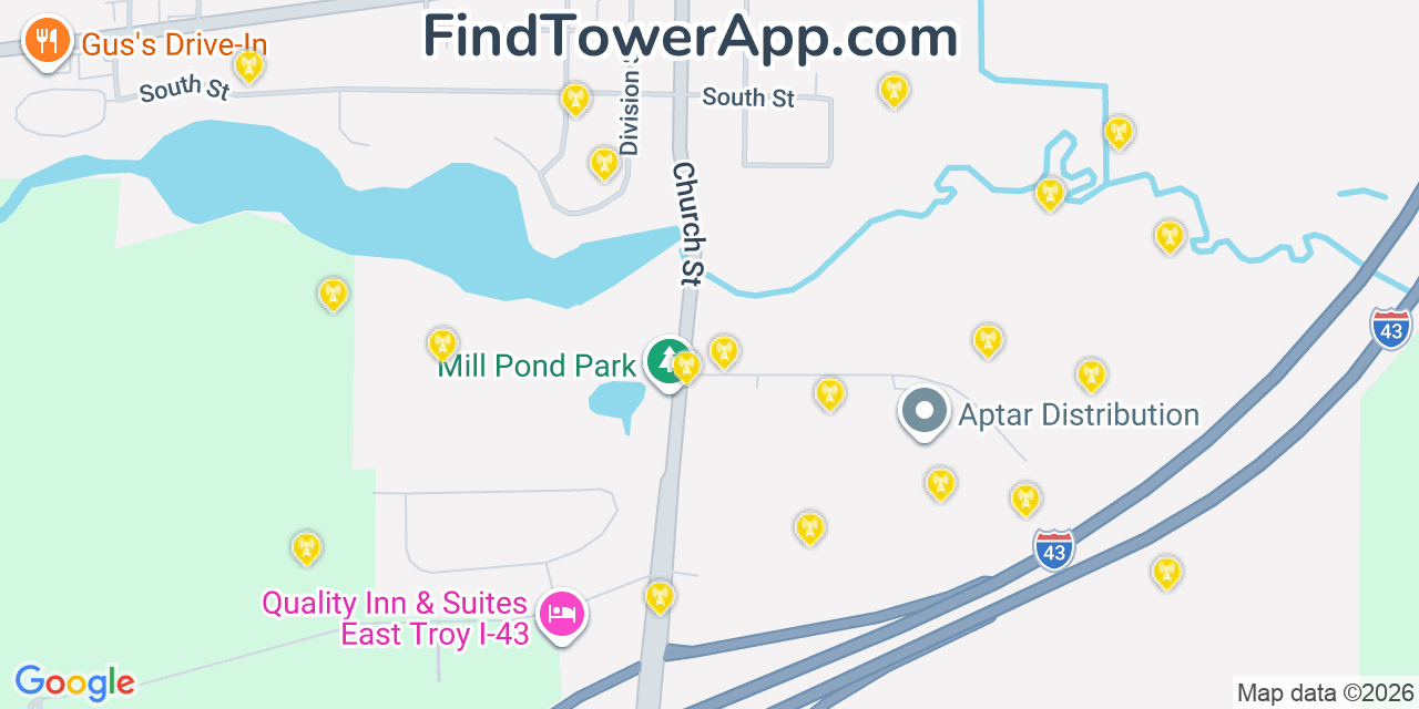 Map showing the 20 primary cell tower locations detected in East Troy, Wisconsin from AT&T, Verizon, and T-Mobile networks
