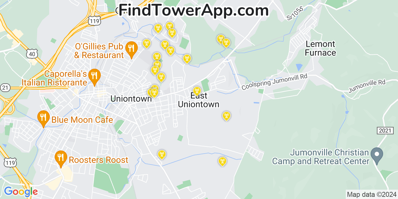 AT&T 4G/5G cell tower coverage map East Uniontown, Pennsylvania