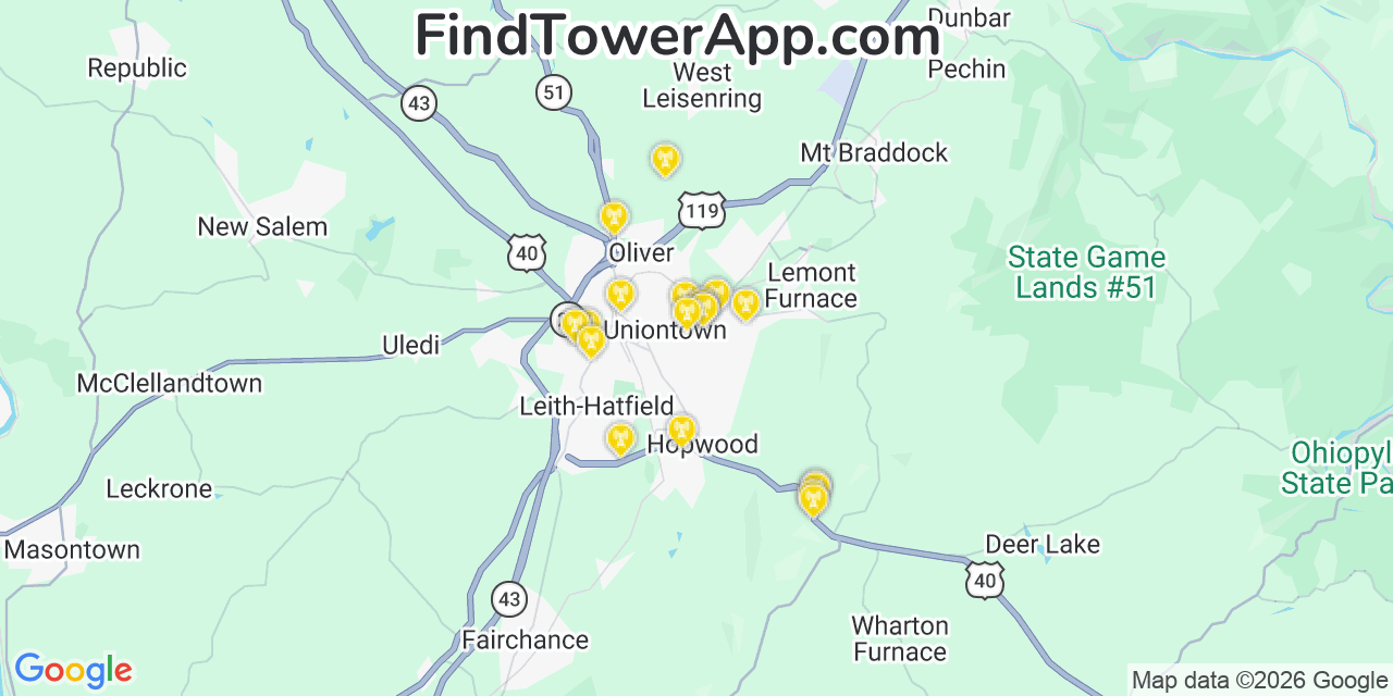 Map showing the 20 primary cell tower locations detected in East Uniontown, Pennsylvania from AT&T, Verizon, and T-Mobile networks