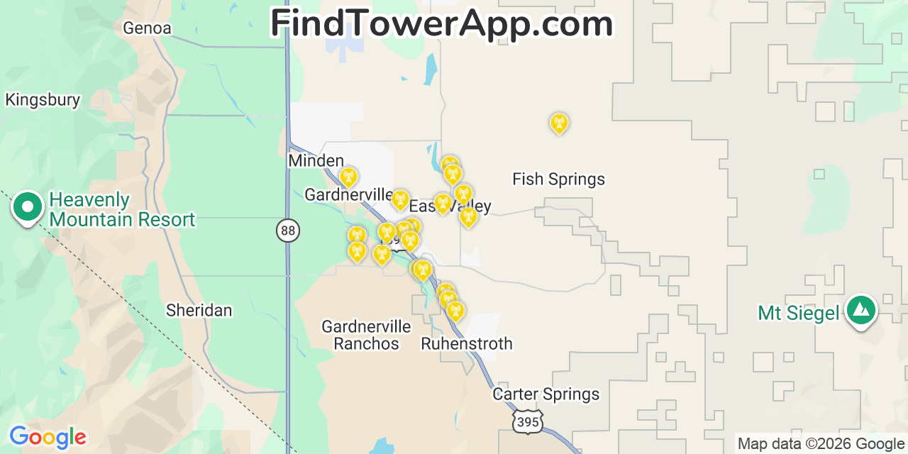 Map showing the 20 primary cell tower locations detected in East Valley, Nevada from AT&T, Verizon, and T-Mobile networks