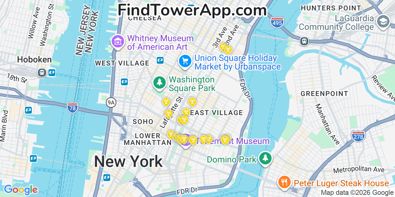 Map showing the 20 primary cell tower locations detected in East Village, New York from AT&T, Verizon, and T-Mobile networks
