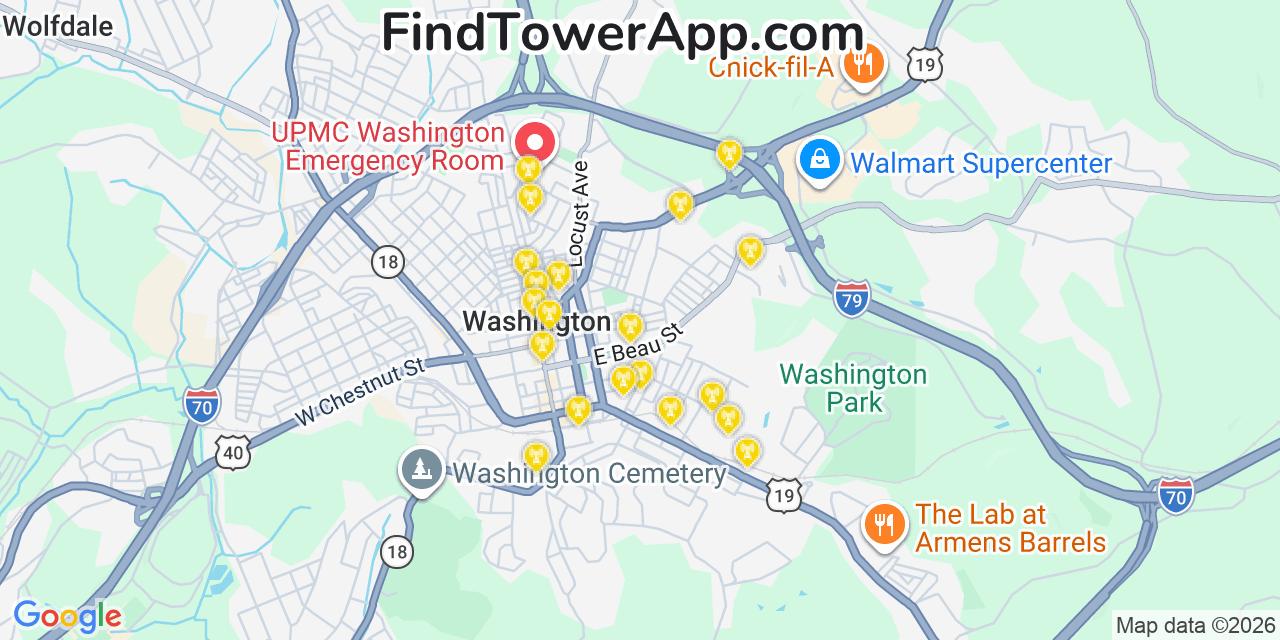 Map showing the 20 primary cell tower locations detected in East Washington, Pennsylvania from AT&T, Verizon, and T-Mobile networks