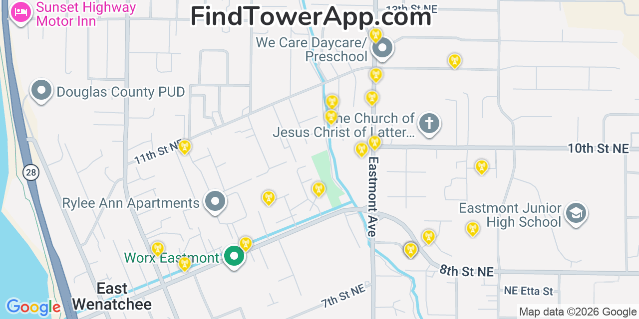 Map showing the 20 primary cell tower locations detected in East Wenatchee Bench, Washington from AT&T, Verizon, and T-Mobile networks