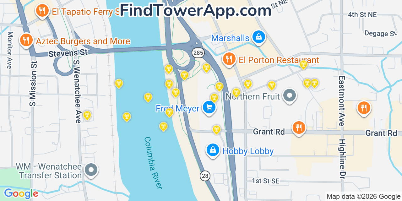 Map showing the 20 primary cell tower locations detected in East Wenatchee, Washington from AT&T, Verizon, and T-Mobile networks