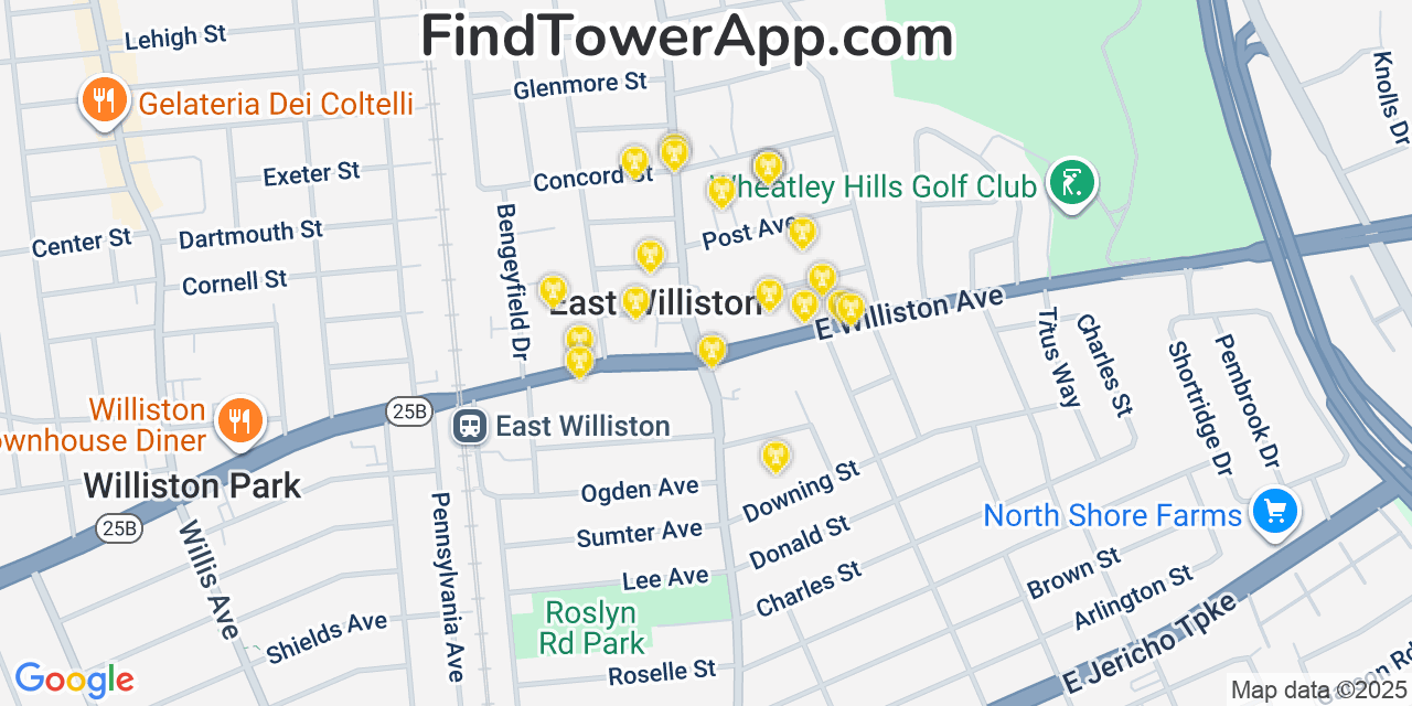 Map showing the 20 primary cell tower locations detected in East Williston, New York from AT&T, Verizon, and T-Mobile networks