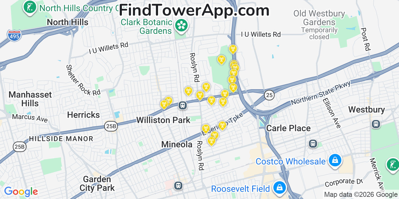 Map showing the 20 primary cell tower locations detected in East Williston, New York from AT&T, Verizon, and T-Mobile networks