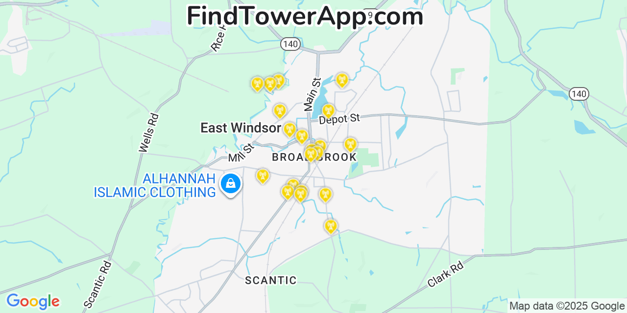 Map showing the 20 primary cell tower locations detected in East Windsor, Connecticut from AT&T, Verizon, and T-Mobile networks