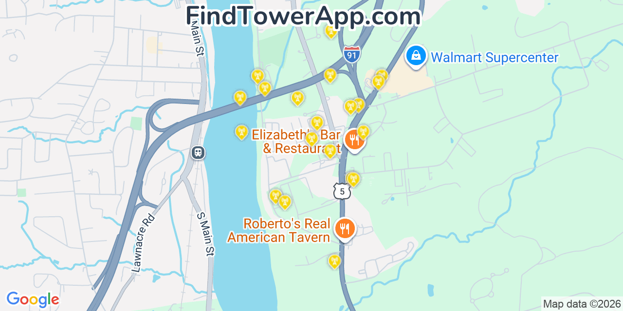 Map showing the 20 primary cell tower locations detected in East Windsor, Connecticut from AT&T, Verizon, and T-Mobile networks