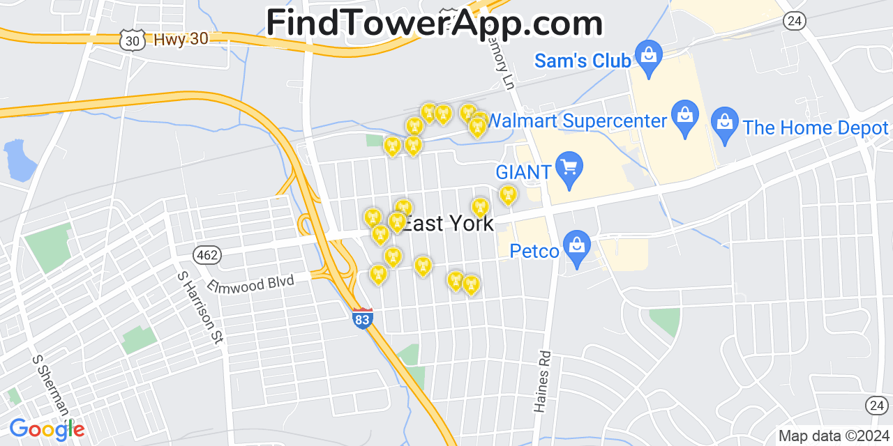 AT&T 4G/5G cell tower coverage map East York, Pennsylvania