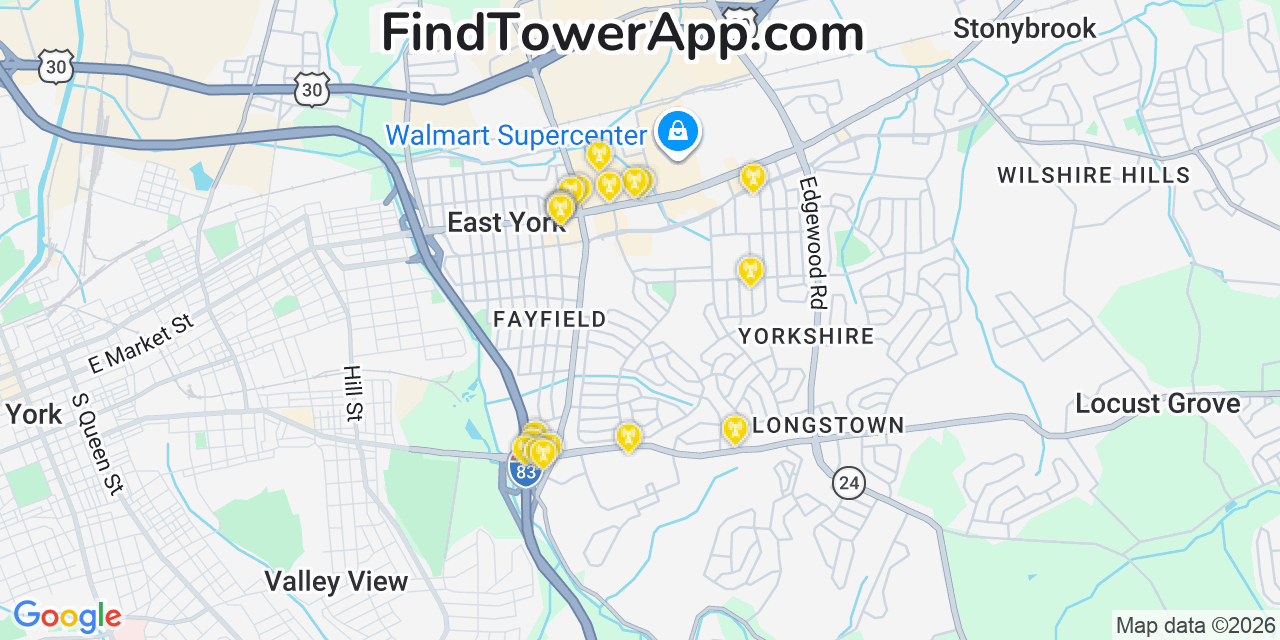 Map showing the 20 primary cell tower locations detected in East York, Pennsylvania from AT&T, Verizon, and T-Mobile networks