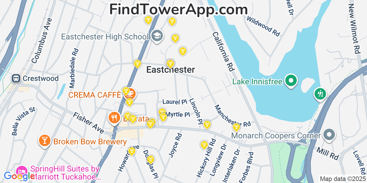 Map showing the 20 primary cell tower locations detected in Eastchester, New York from AT&T, Verizon, and T-Mobile networks
