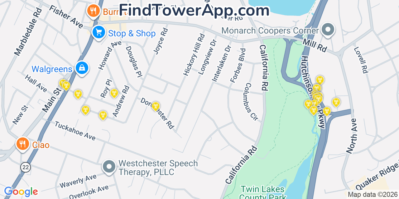 Map showing the 20 primary cell tower locations detected in Eastchester, New York from AT&T, Verizon, and T-Mobile networks