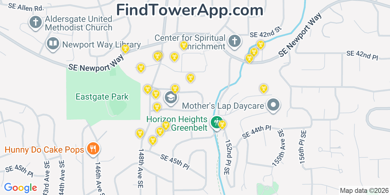 Map showing the 20 primary cell tower locations detected in Eastgate, Washington from AT&T, Verizon, and T-Mobile networks