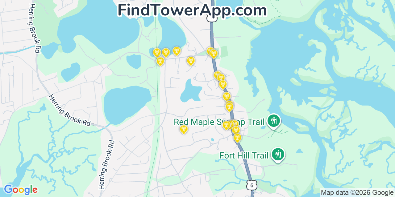 Map showing the 20 primary cell tower locations detected in Eastham, Massachusetts from AT&T, Verizon, and T-Mobile networks