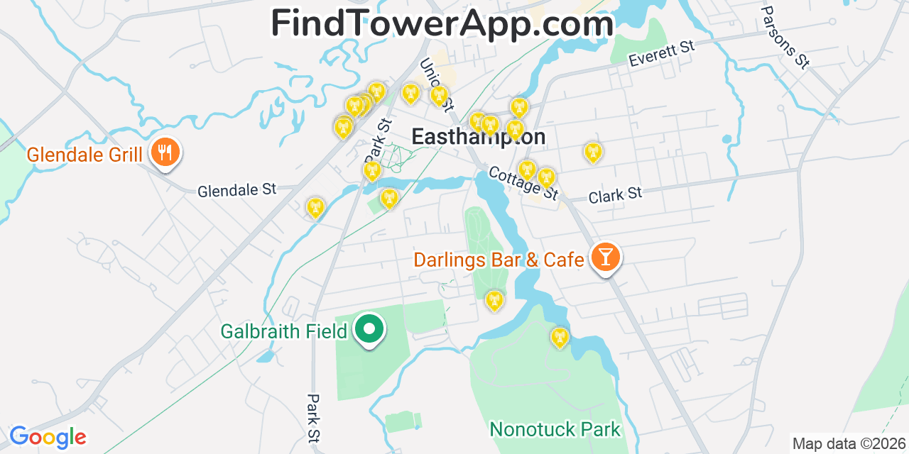 Map showing the 20 primary cell tower locations detected in Easthampton, Massachusetts from AT&T, Verizon, and T-Mobile networks