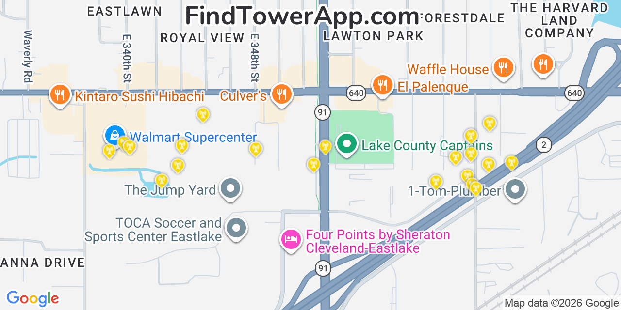 Map showing the 20 primary cell tower locations detected in Eastlake, Ohio from AT&T, Verizon, and T-Mobile networks