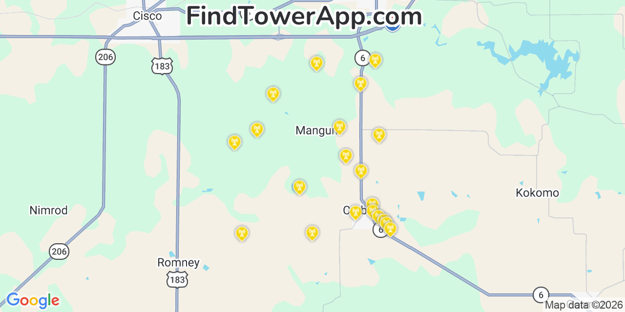 Map showing the 20 primary cell tower locations detected in Eastland, Texas from AT&T, Verizon, and T-Mobile networks