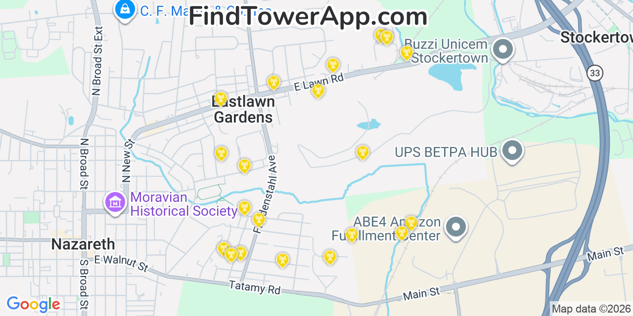 Map showing the 20 primary cell tower locations detected in Eastlawn Gardens, Pennsylvania from AT&T, Verizon, and T-Mobile networks