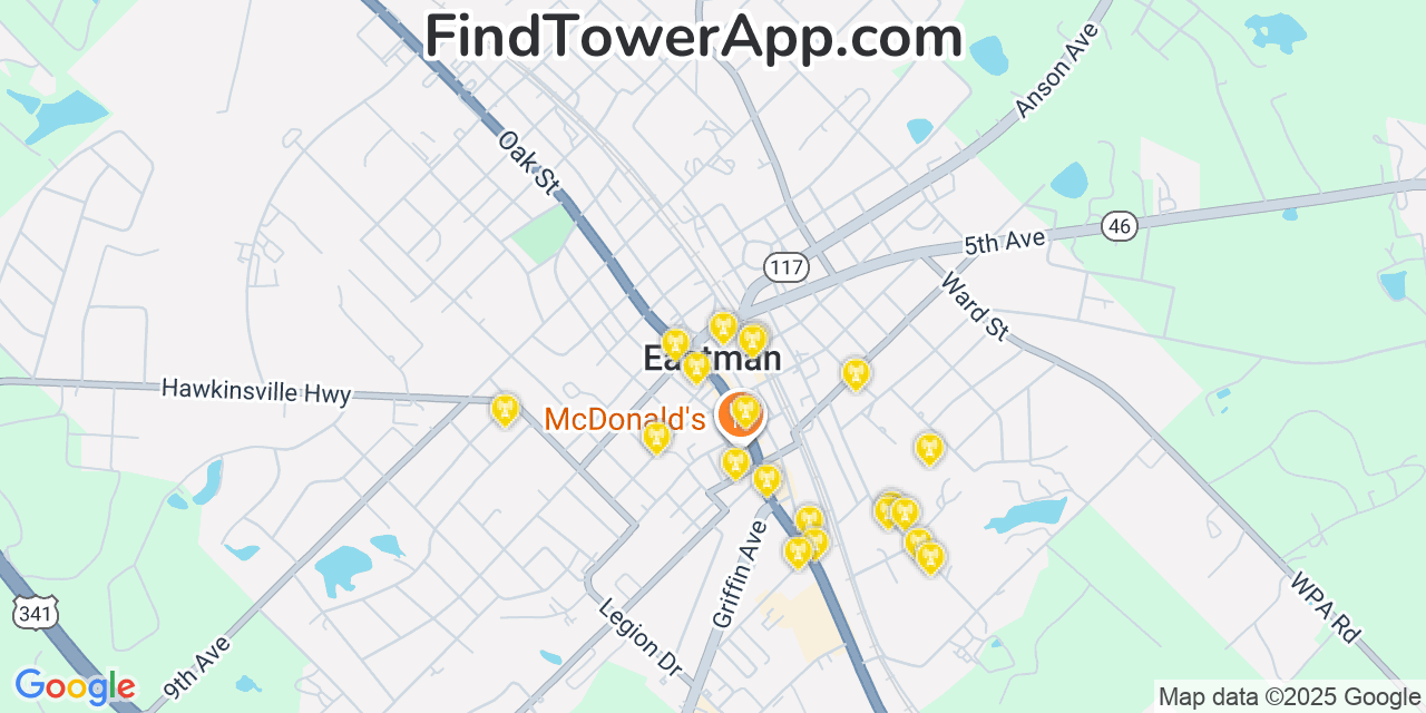 Map showing the 20 primary cell tower locations detected in Eastman, Georgia from AT&T, Verizon, and T-Mobile networks