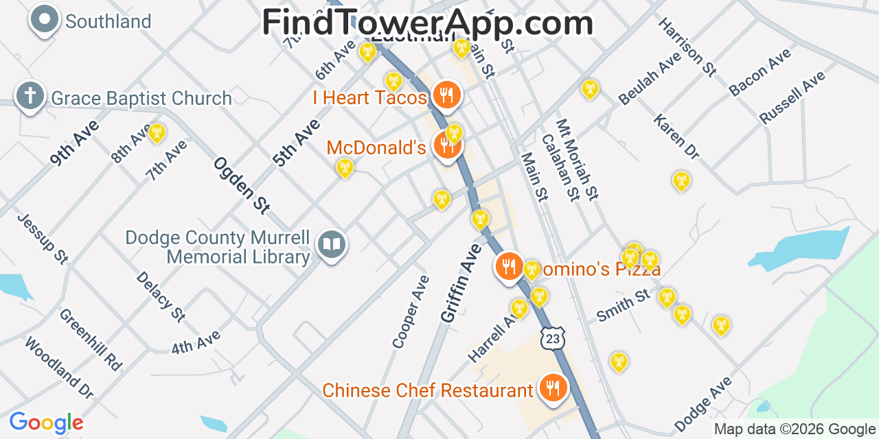 Map showing the 20 primary cell tower locations detected in Eastman, Georgia from AT&T, Verizon, and T-Mobile networks