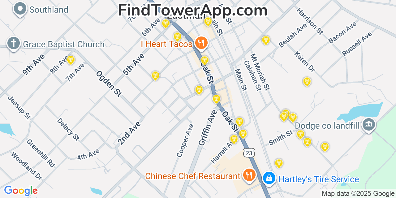 Map showing the 20 primary Mobitel cell tower locations detected in Eastman, Georgia with coverage radius and signal strength indicators