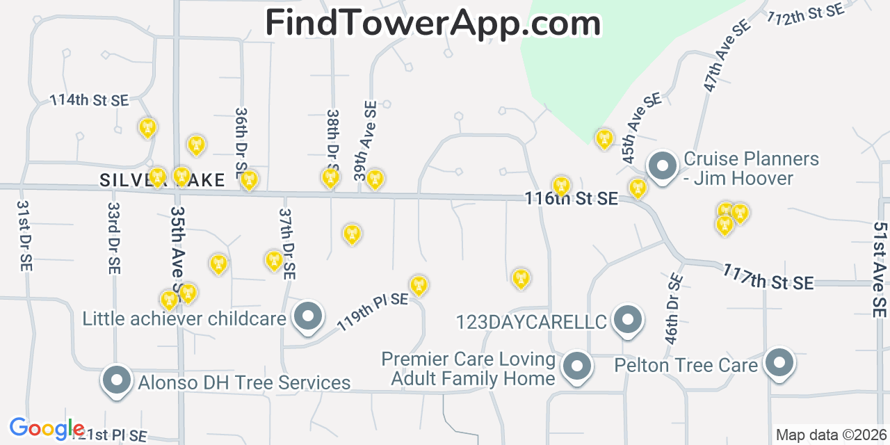 Map showing the 20 primary cell tower locations detected in Eastmont, Washington from AT&T, Verizon, and T-Mobile networks