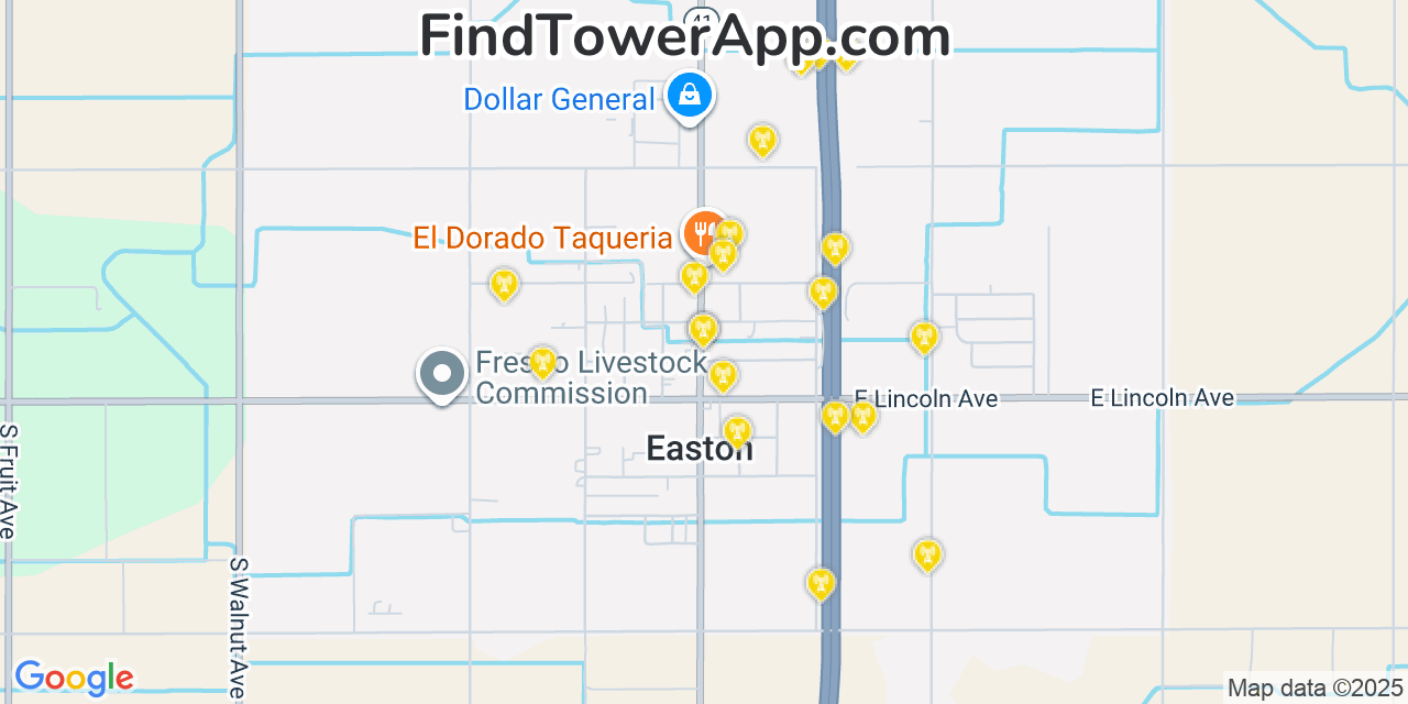 Map showing the 20 primary cell tower locations detected in Easton, California from AT&T, Verizon, and T-Mobile networks