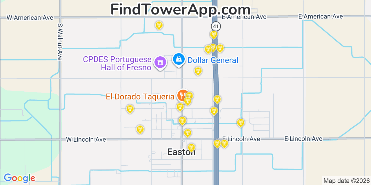 Map showing the 20 primary cell tower locations detected in Easton, California from AT&T, Verizon, and T-Mobile networks
