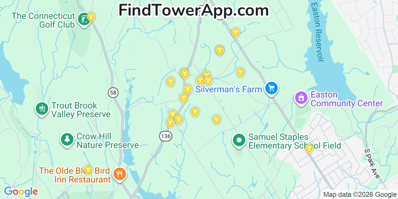 Map showing the 20 primary cell tower locations detected in Easton, Connecticut from AT&T, Verizon, and T-Mobile networks