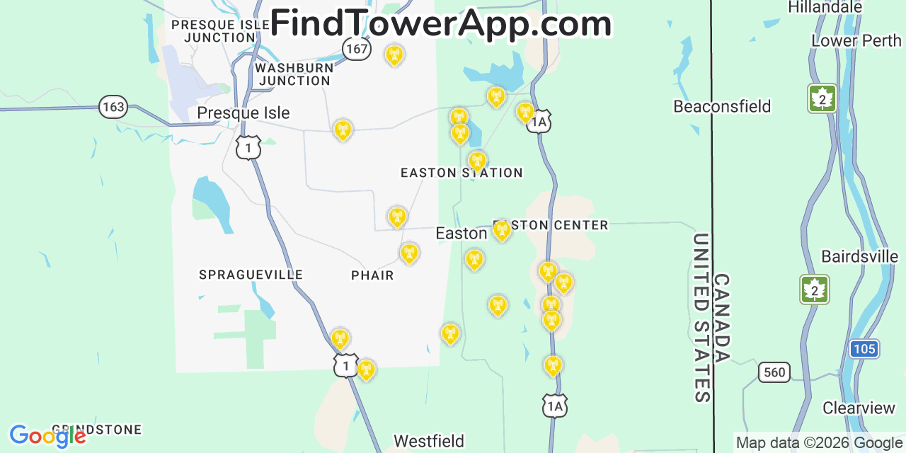 Map showing the 20 primary cell tower locations detected in Easton, Maine from AT&T, Verizon, and T-Mobile networks