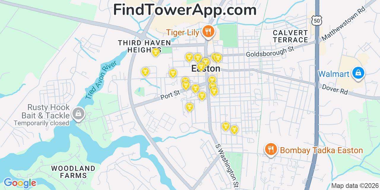 Map showing the 20 primary cell tower locations detected in Easton, Maryland from AT&T, Verizon, and T-Mobile networks