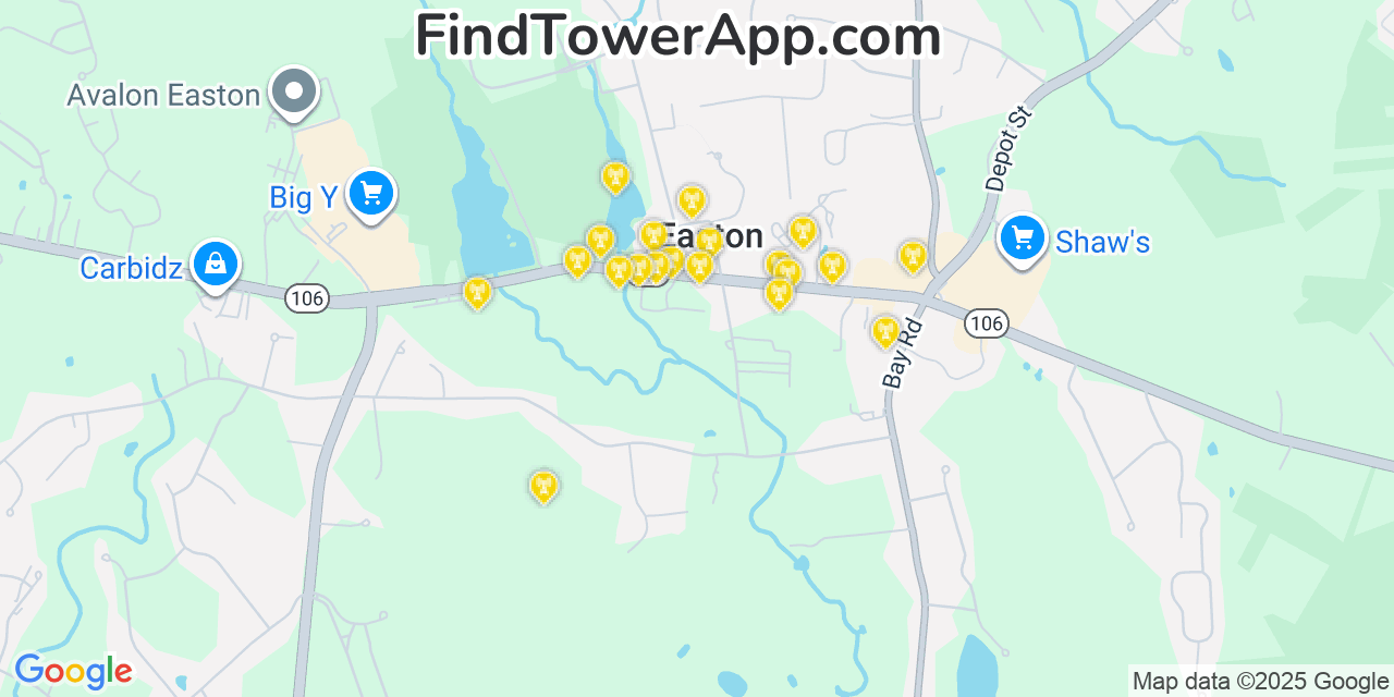 Map showing the 20 primary cell tower locations detected in Easton, Massachusetts from AT&T, Verizon, and T-Mobile networks