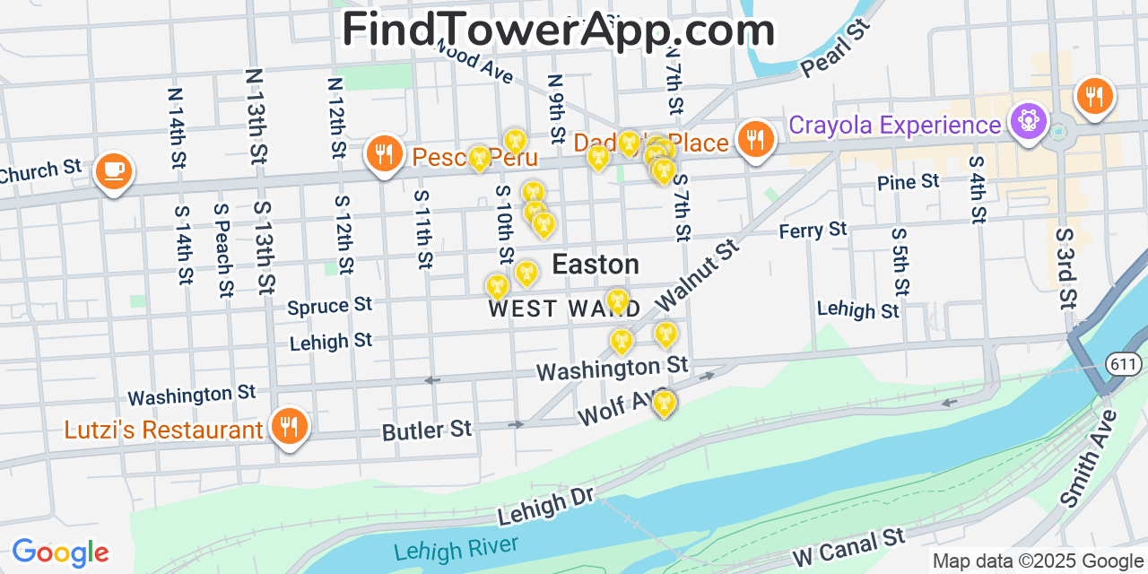 Map showing the 20 primary cell tower locations detected in Easton, Pennsylvania from AT&T, Verizon, and T-Mobile networks