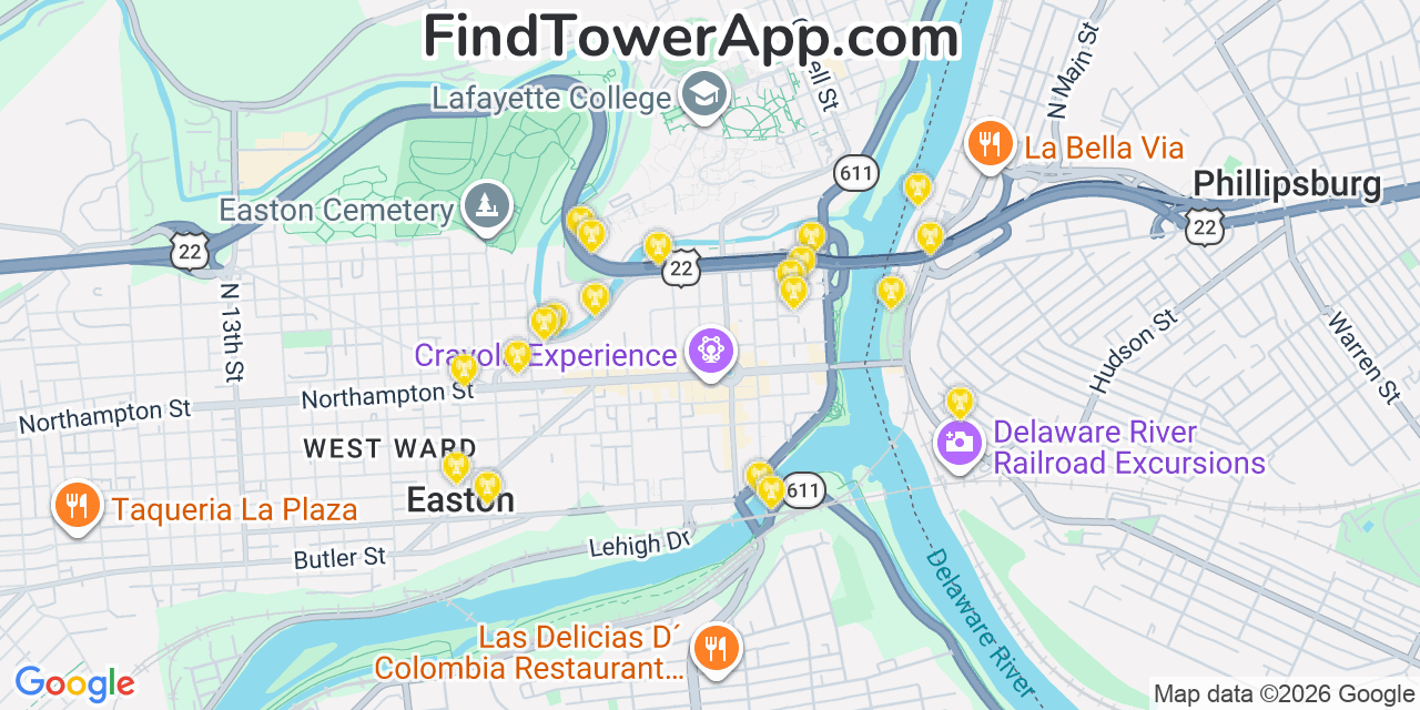 Map showing the 20 primary cell tower locations detected in Easton, Pennsylvania from AT&T, Verizon, and T-Mobile networks