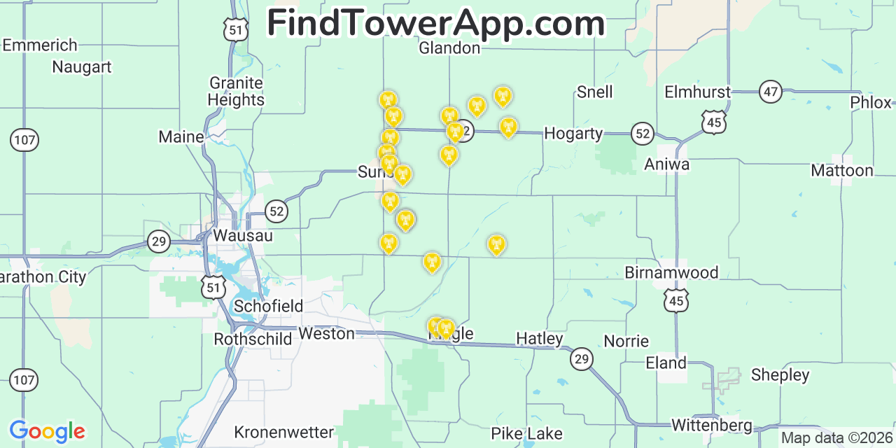Map showing the 20 primary cell tower locations detected in Easton, Wisconsin from AT&T, Verizon, and T-Mobile networks