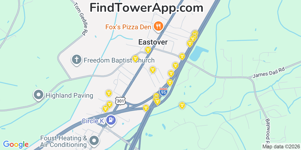 Map showing the 20 primary cell tower locations detected in Eastover, North Carolina from AT&T, Verizon, and T-Mobile networks