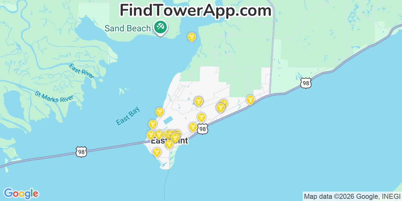 Map showing the 20 primary cell tower locations detected in Eastpoint, Florida from AT&T, Verizon, and T-Mobile networks